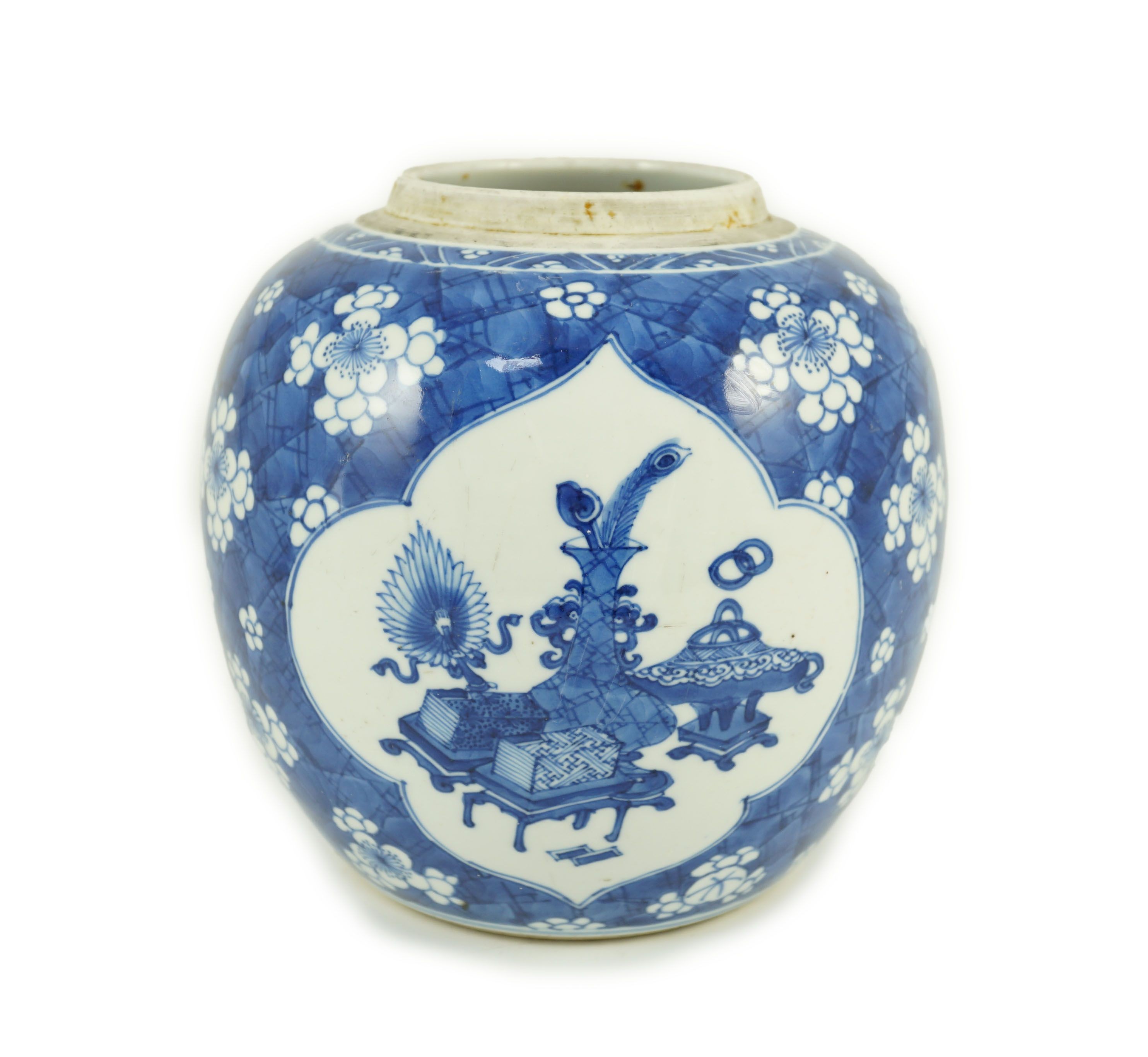 A Chinese blue and white ‘Hundred Antiques’ ovoid jar, Kangxi period, 19cm high